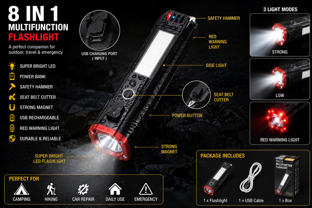 🔦 German Super Flashlight – 8 in 1 Multifunction Tool