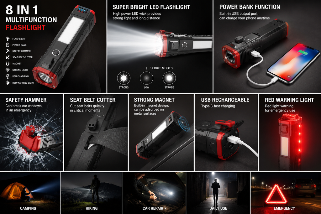 🔦 German Super Flashlight – 8 in 1 Multifunction Tool