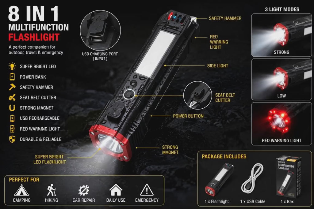 🔦 German Super Flashlight – 8 in 1 Multifunction Tool